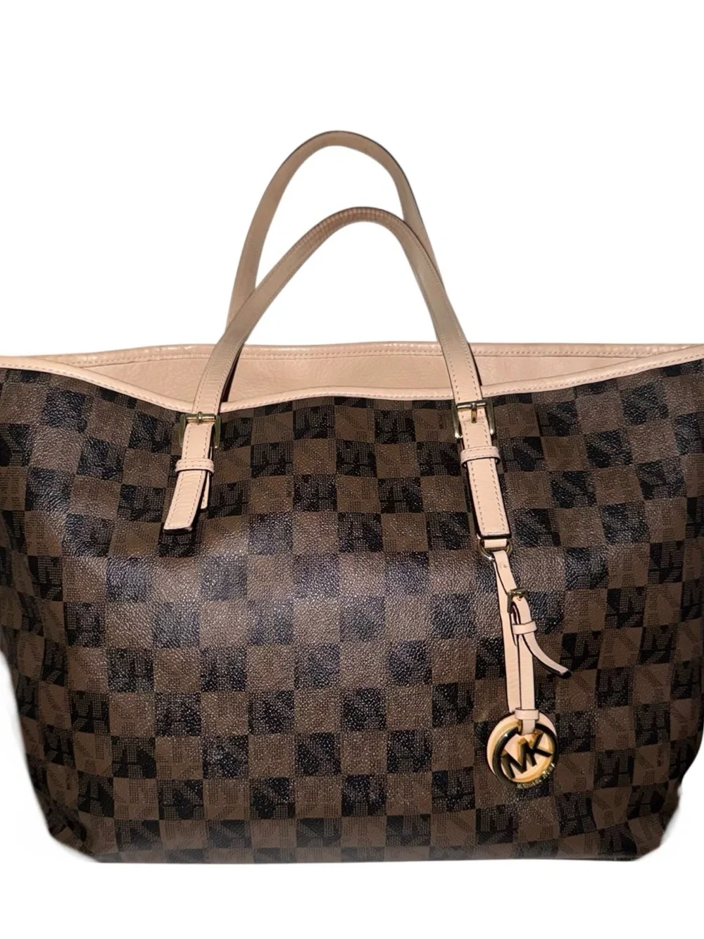 Michael Kors Brown Checkered Tote w/Leather Trim